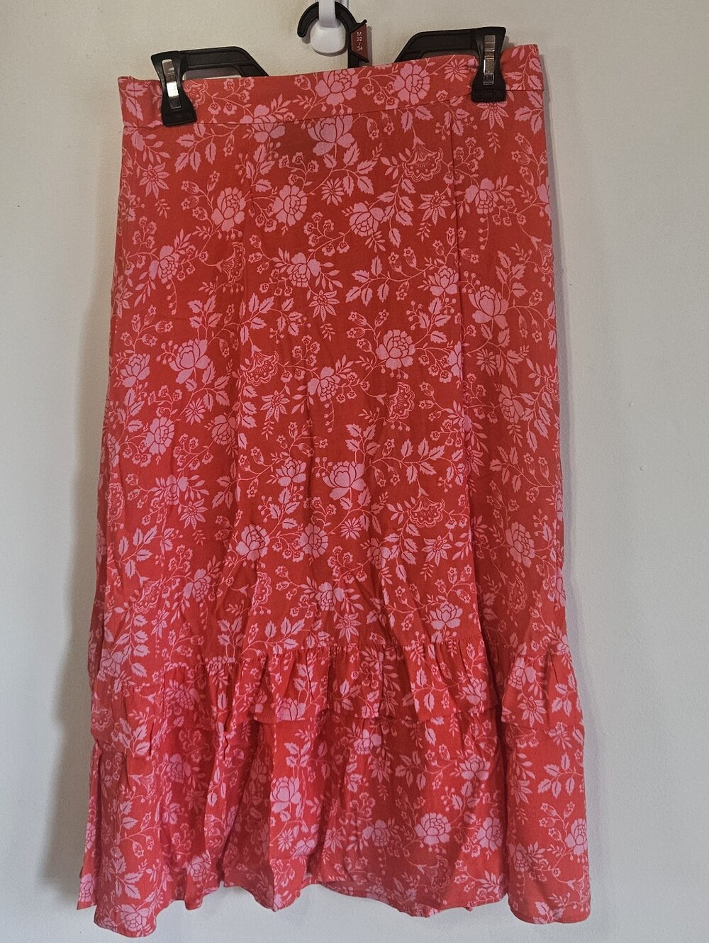 Talbots Red Pink Floral Midi Skirt Ruffle Hem Elastic Waist Casual Small